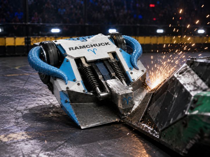 RAMCHUCK in an arena — sparks flying from a hit on a black opponent