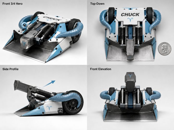 Four-view technical render of RAMCHUCK: front three-quarter, top-down with US quarter for scale, side profile, front elevation